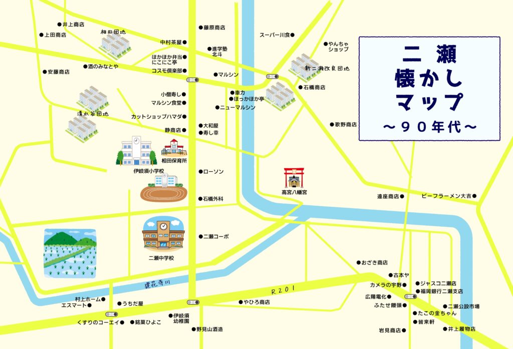 1990年代の伊岐須小・二瀬中周辺の思い出マップ